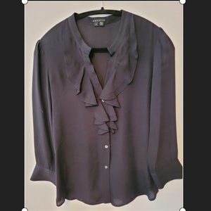 Theory black silk ruffle front blouse